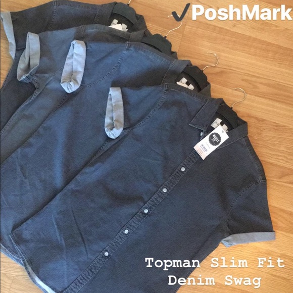 Topman Gray Muscle Fit Short Sleeve Denim Shirt - Picture 4 of 4